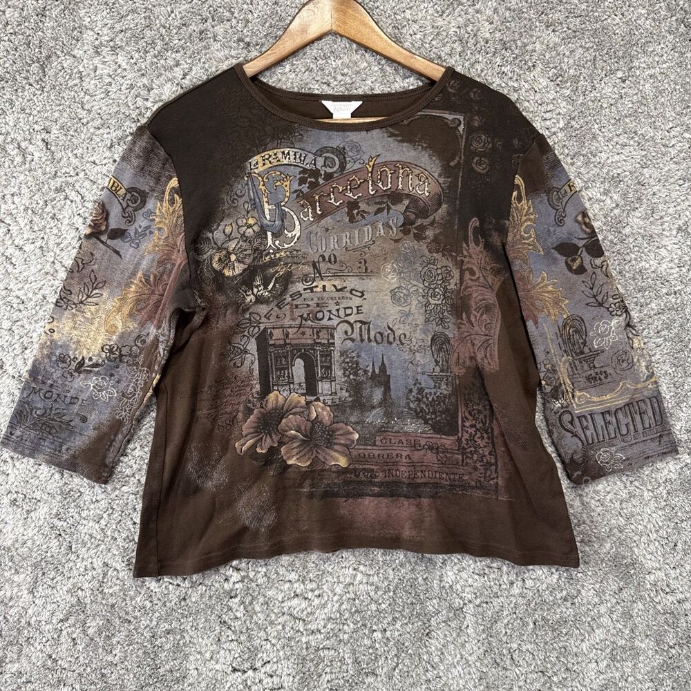 Vintage Y2K Barcelona Women’s Blouse Top XL 2000s 3/4 Sleeve Chocolate Brown